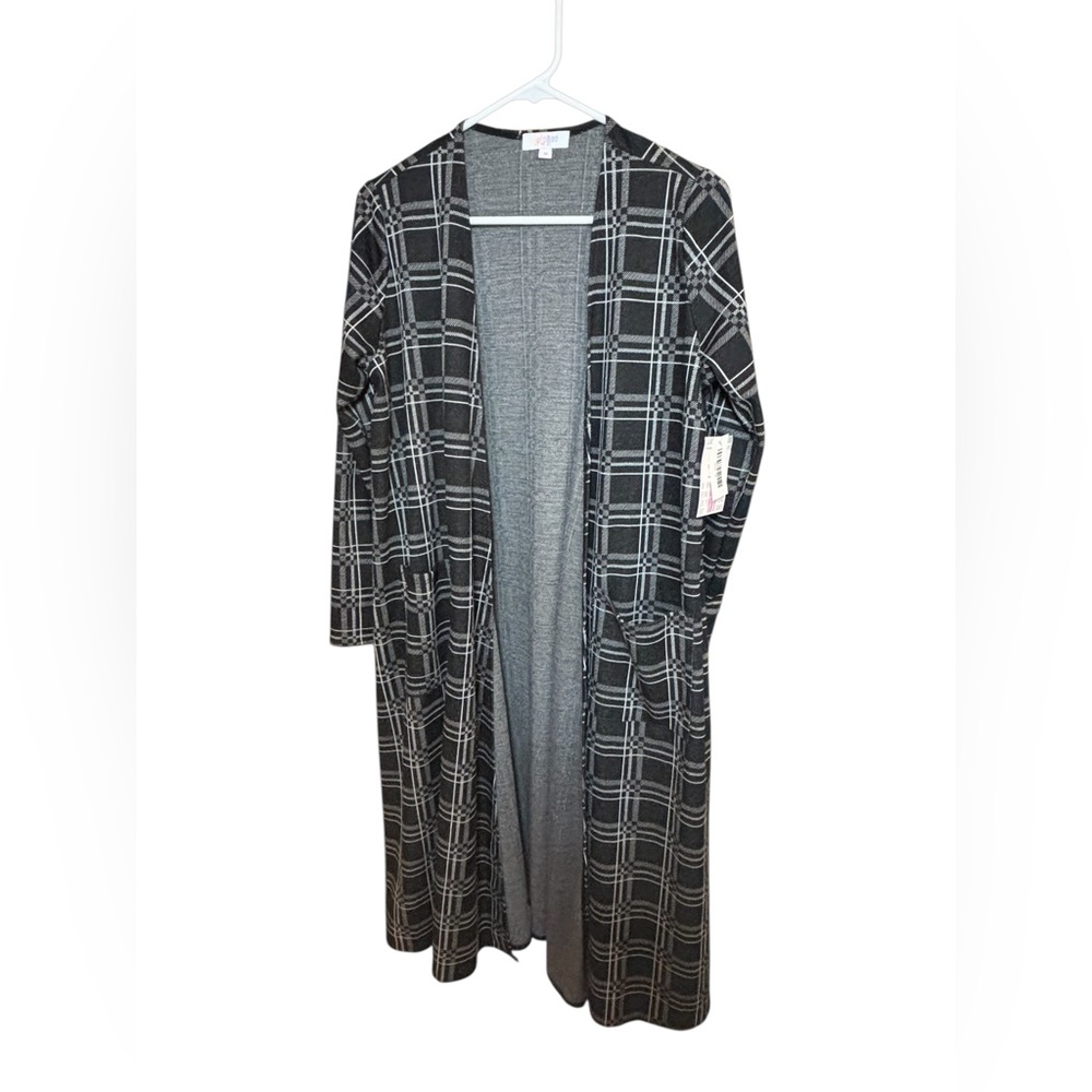 Lularoe Sarah Duster Long Open Cardigan Plaid Checkered Size Medium Black/White